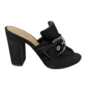 Michael Michael Kors Cooper Mules 7 Black Suede Leather Silver Buckle Slide On